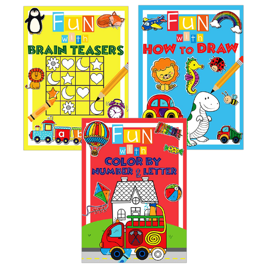 Picture of FUN WITH ACTIVITY SET OF 3 (BRAIN TEASERS, HOW TO DRAW, & COLOR BY NUMBER & LETTER)